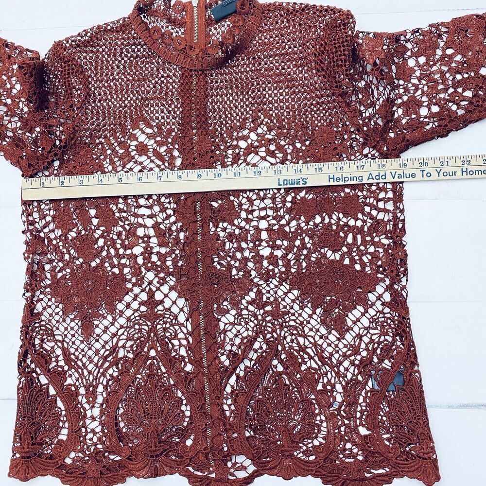 BOLD ELEMENTS LACEY Rust Orange Zipper Overlay Top SIze MEDIUM Bell Sleeve - Picture 9 of 15
